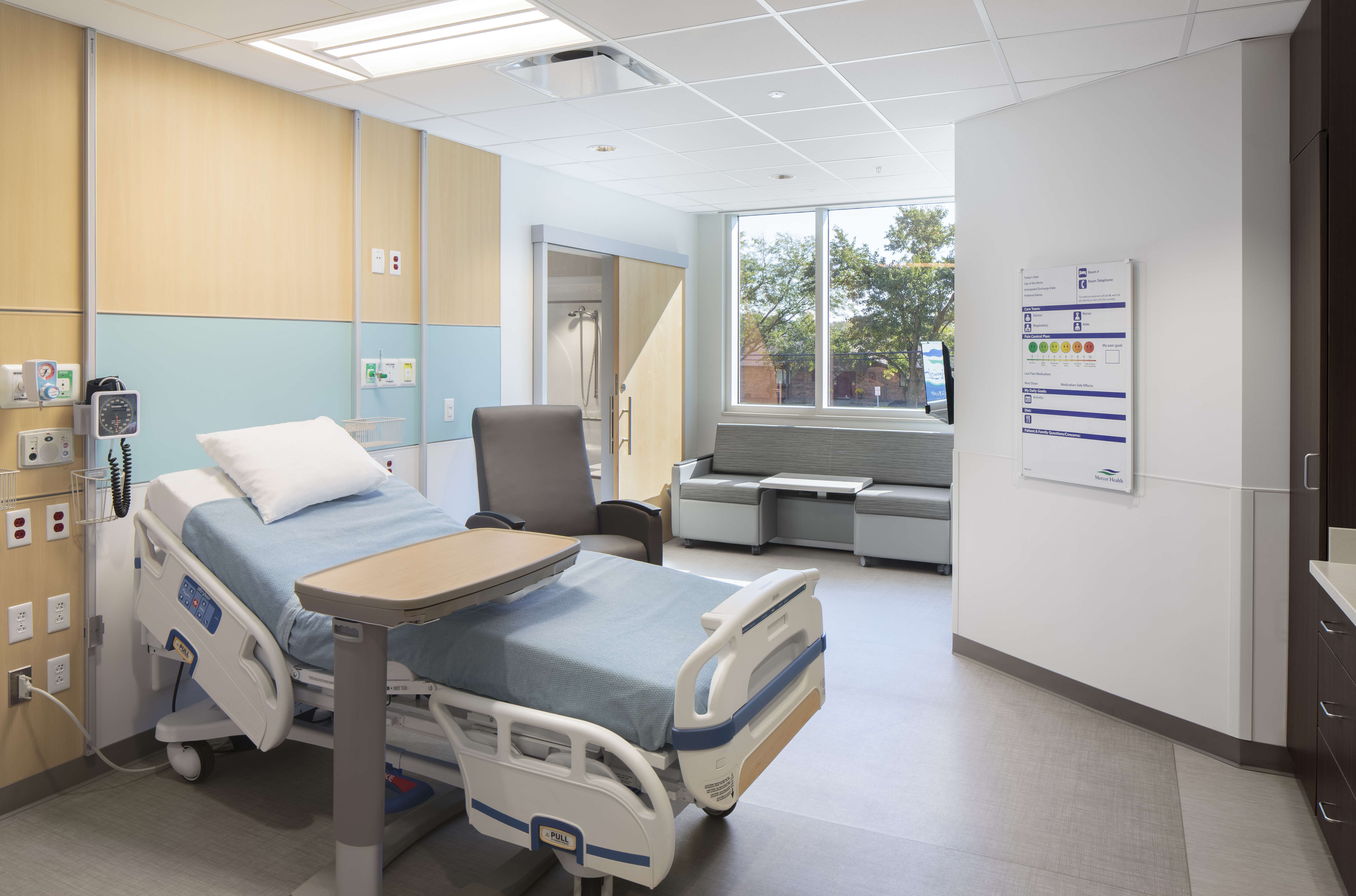 View of Mercer Health Tower Addition Patient Room