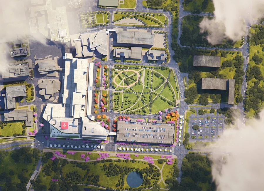 Aerial rendering of the new OSU Inpatient Tower