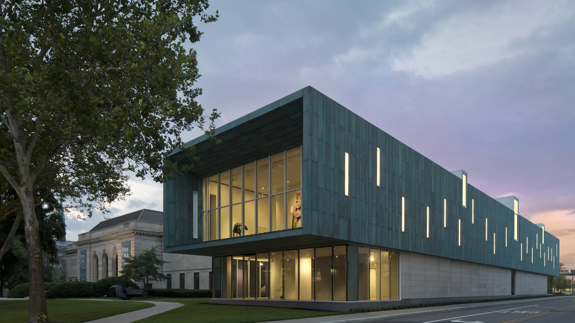 Exterior of Columbus Museum of Art at dusk, featuring the Margaret M. Walter Wing addition, a modern two story building