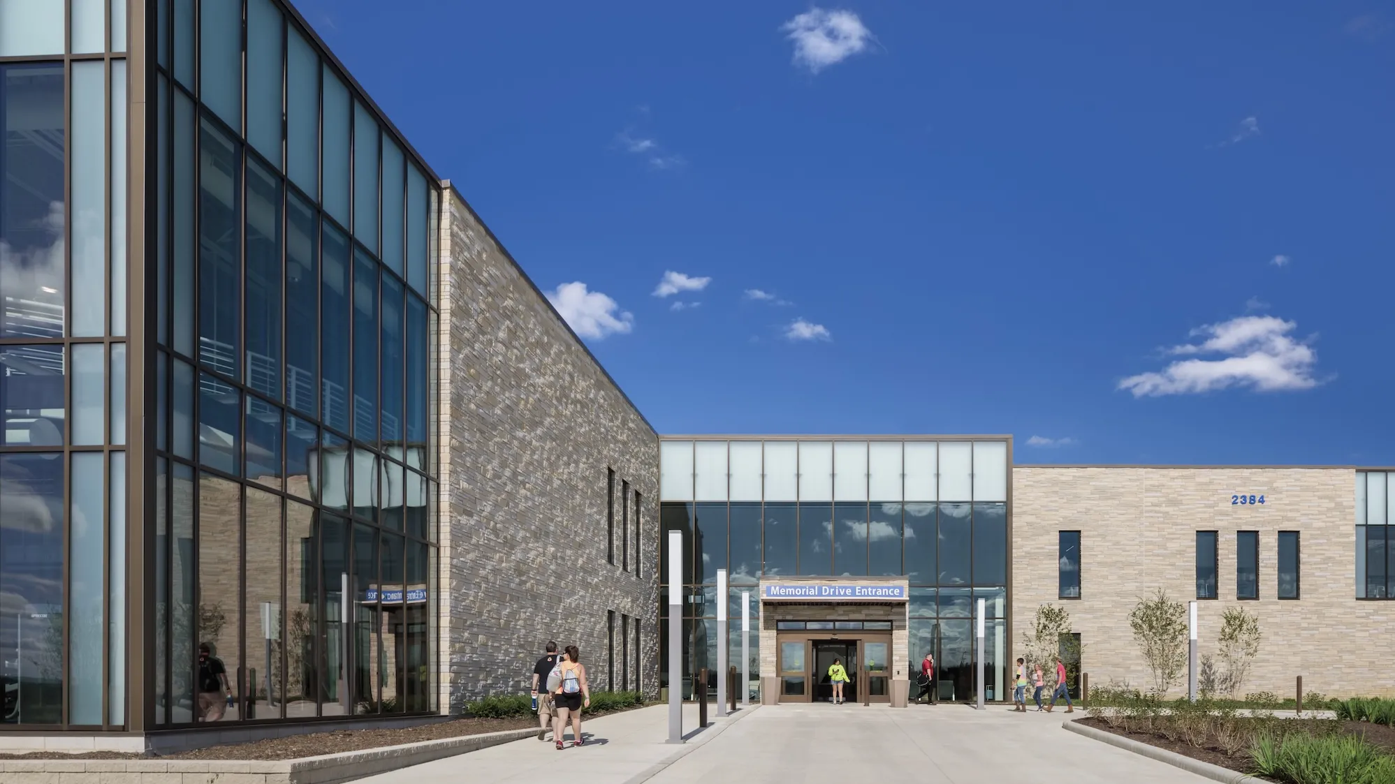 Entrance to the River Valley Campus during day with a bright blue sky