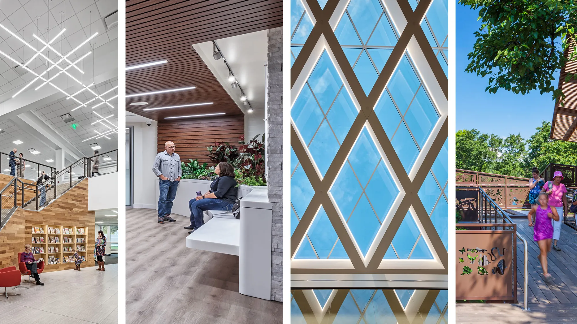 A series of four images: the first showing the interior of a library, the second showing a lobby space, the third showing windows, and the fourth showing an outdoor nature experience.