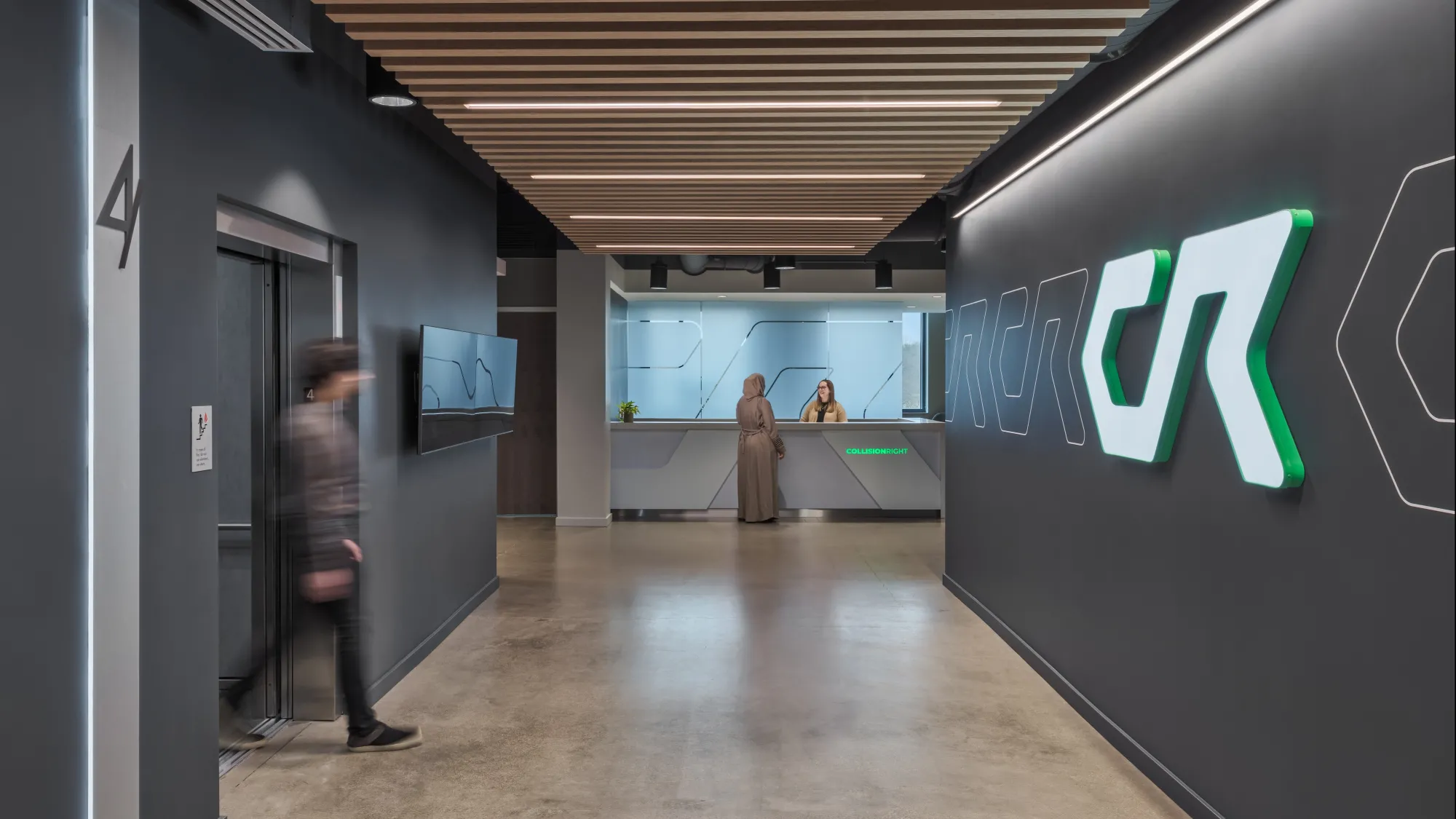 elevator lobby at CollisionRight office