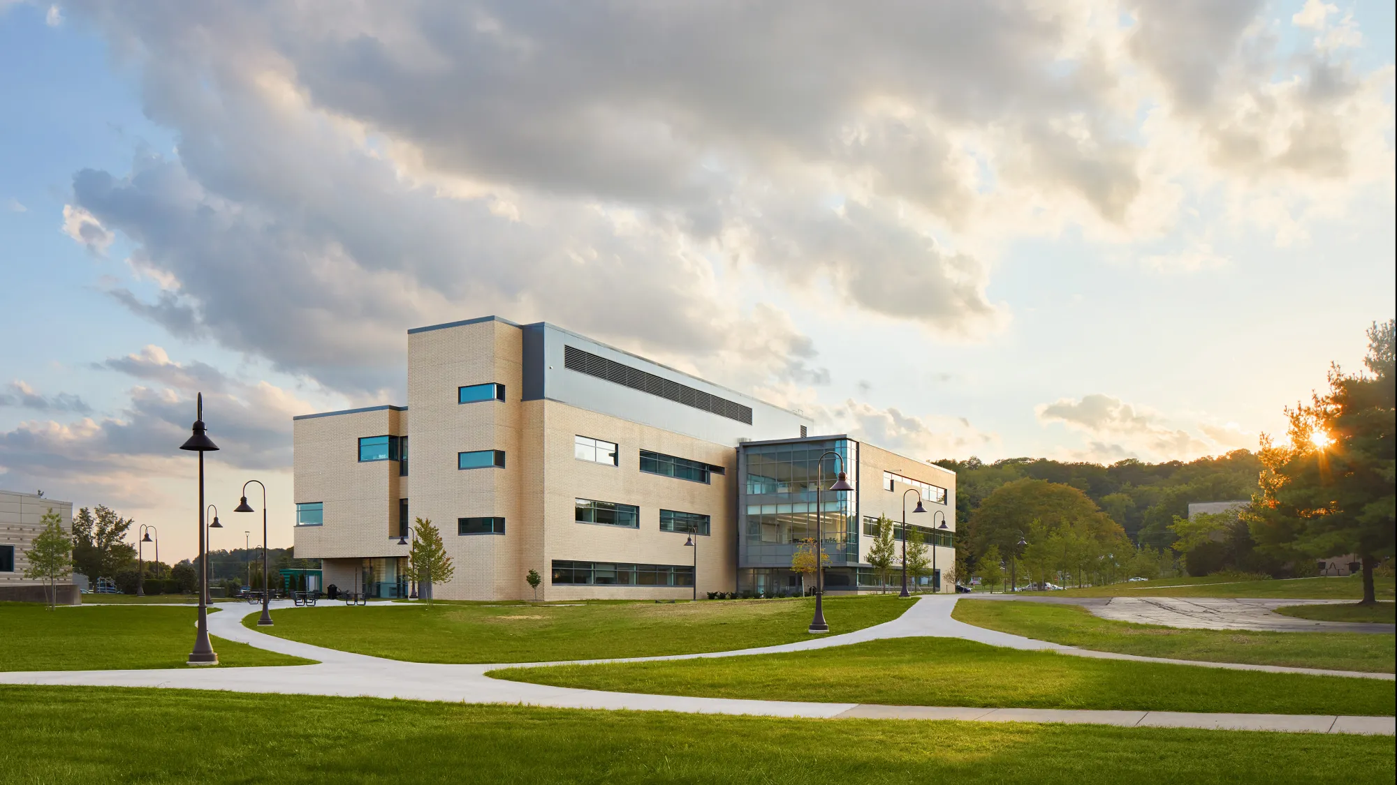 building exterior on college campus at dawn