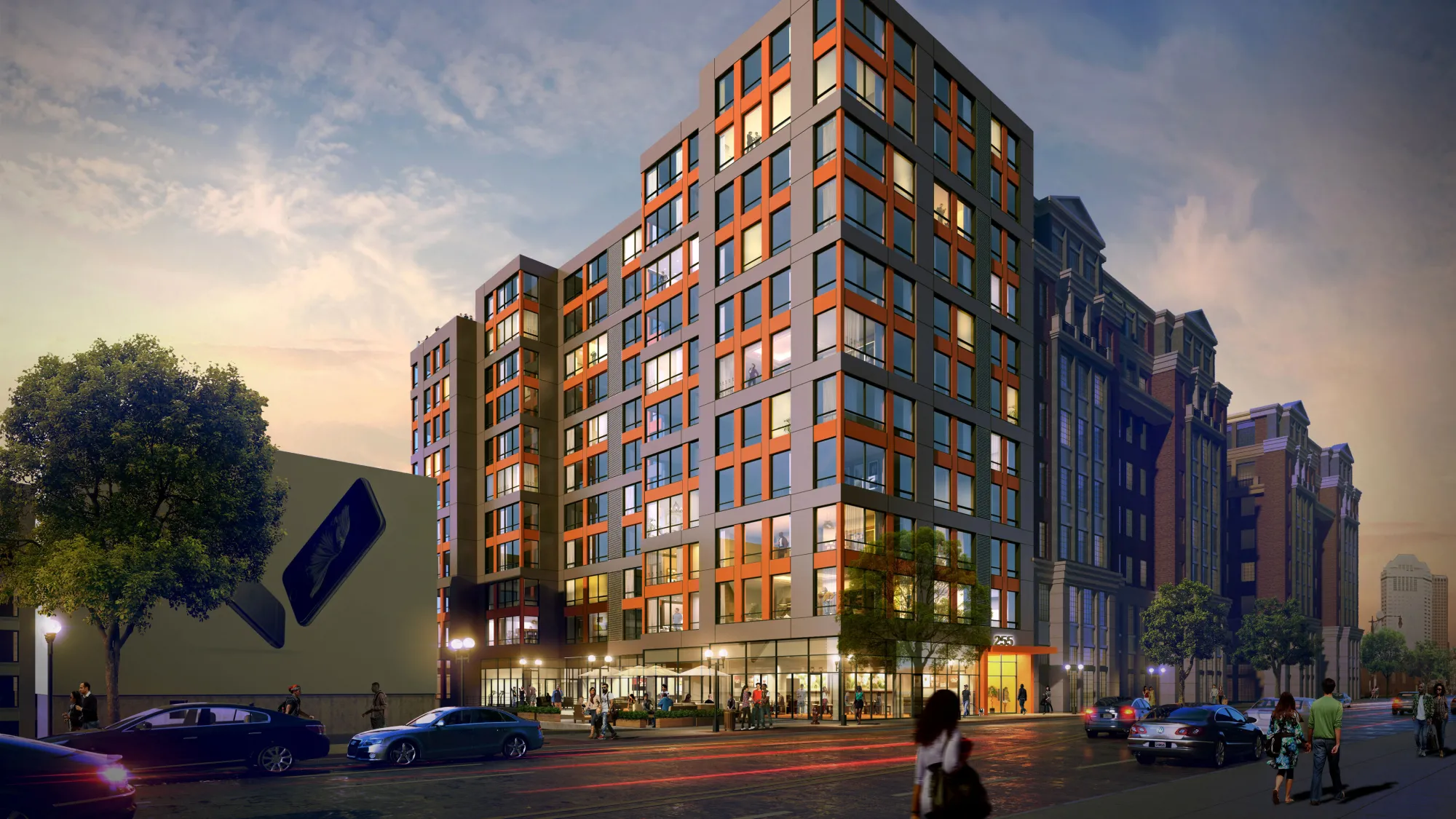 rendering of apartment building with first-floor retail