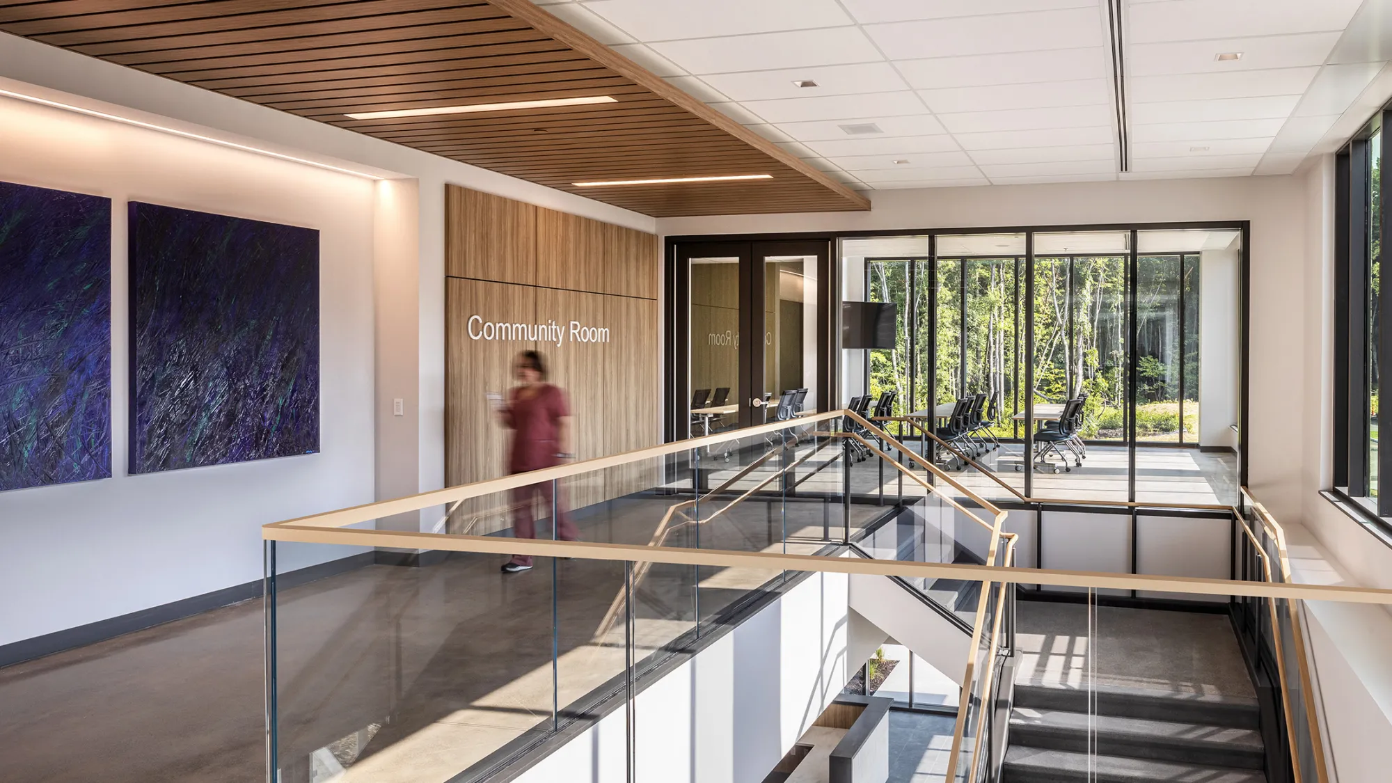 medical office building corridor with wood ceiling