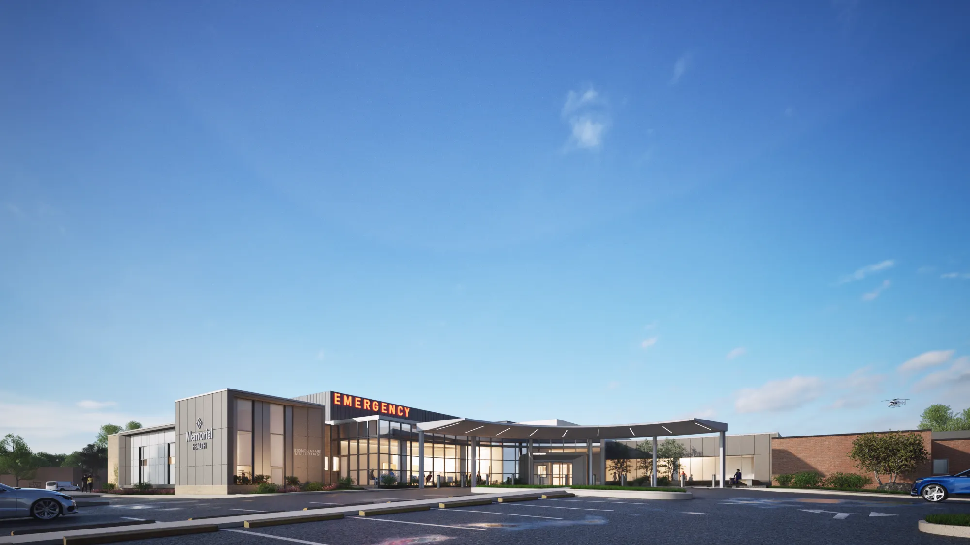 Rendering of emergency department building entrance at dawn.