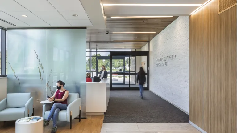 Lobby entrance of Wyandot Hospital check in desk and frosted glass room divider