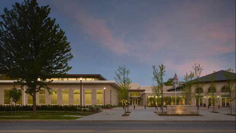 Exterior of the Columbus School for Girls at dusk