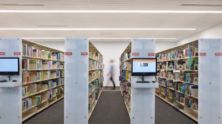 Interior of Northern Lights Columbus Library four bookshelves