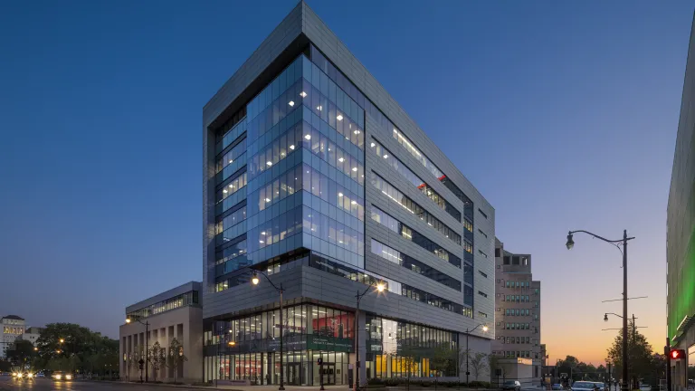 Long Street view of the Michael B. Coleman Government Center at dusk