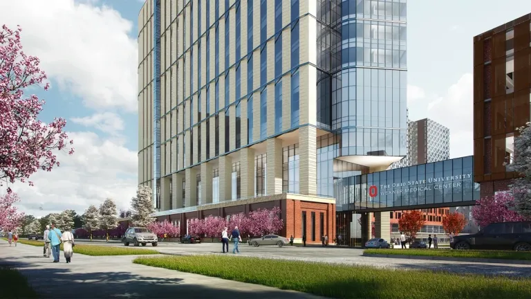 Exterior view of The Ohio State University Wexner Medical Center Inpatient Hospital.