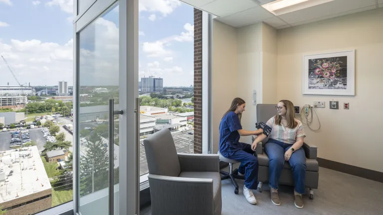 View from the interior of an infusion center at the Ohio State Wexner Medical Center.