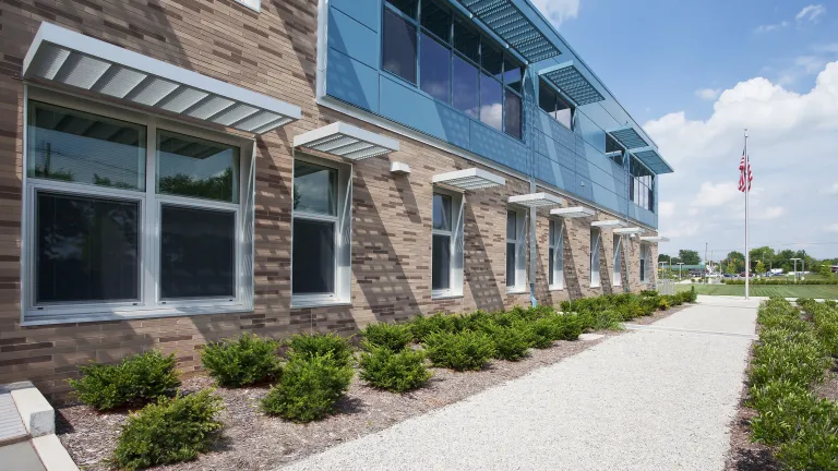 School facade with sunshades