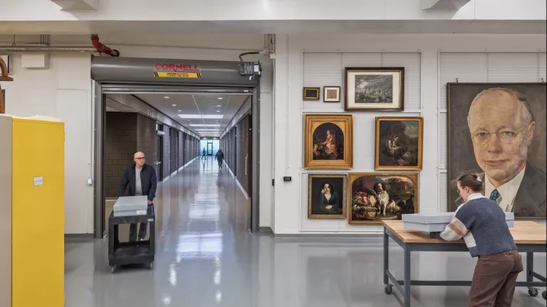 storage room with framed paintings on wall