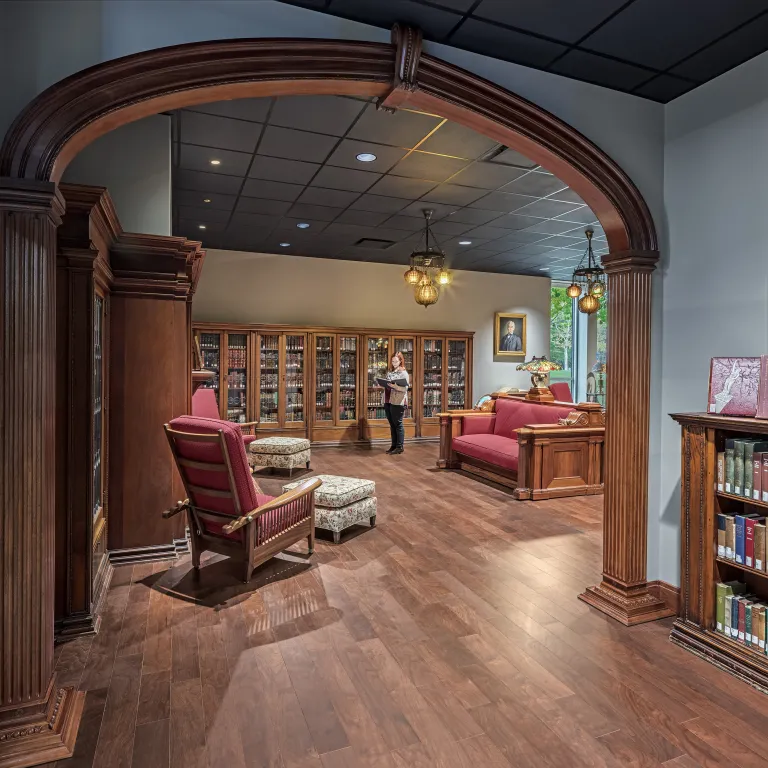 library with traditional wood moulding