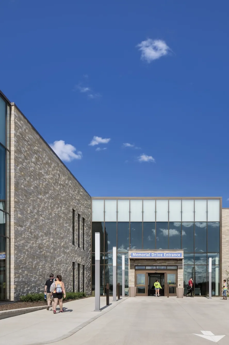 Entrance to the River Valley Campus during day with a bright blue sky