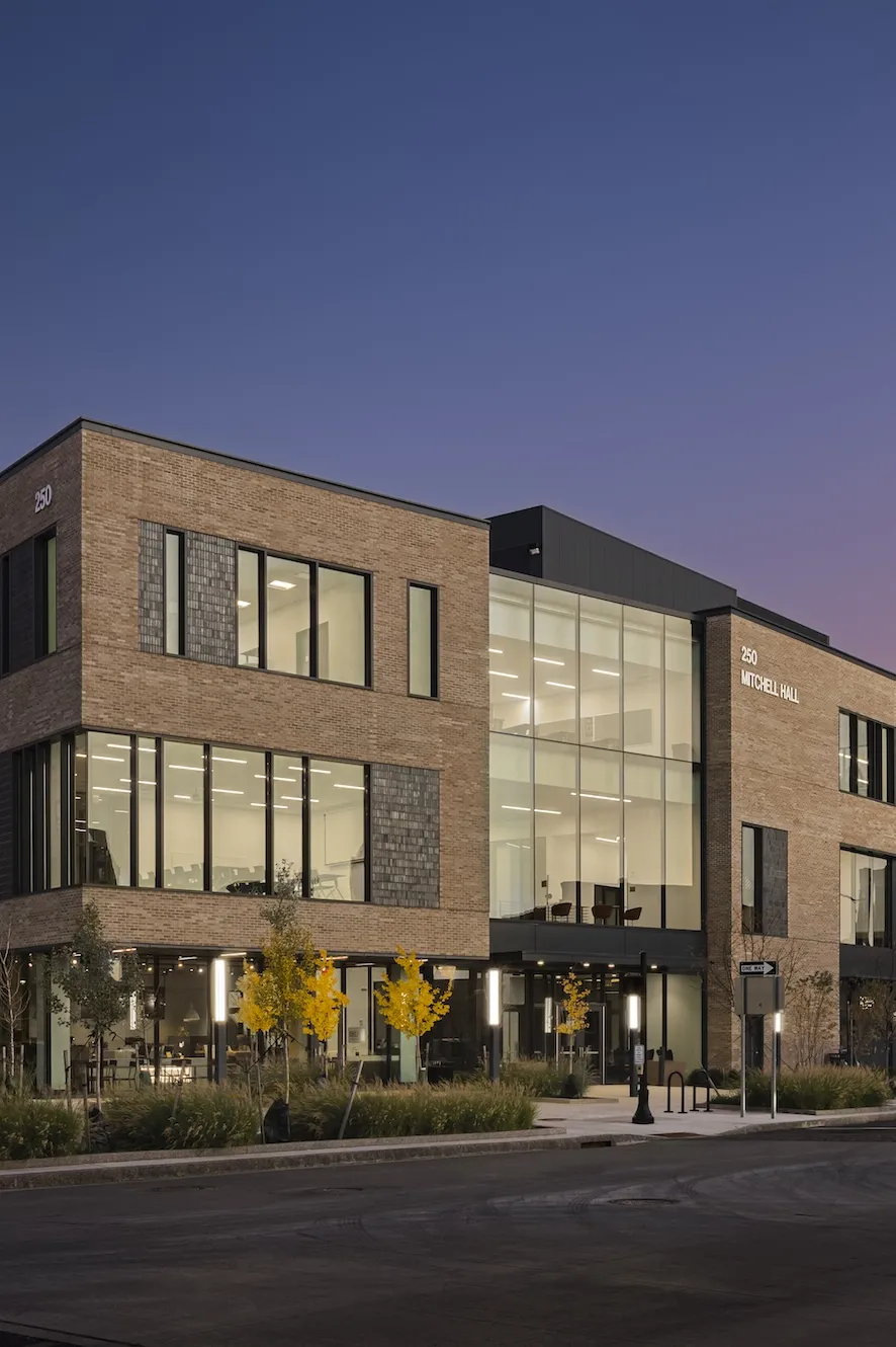 Exterior of the Agnes Jeffrey Shedd Theater in the evening with lights on