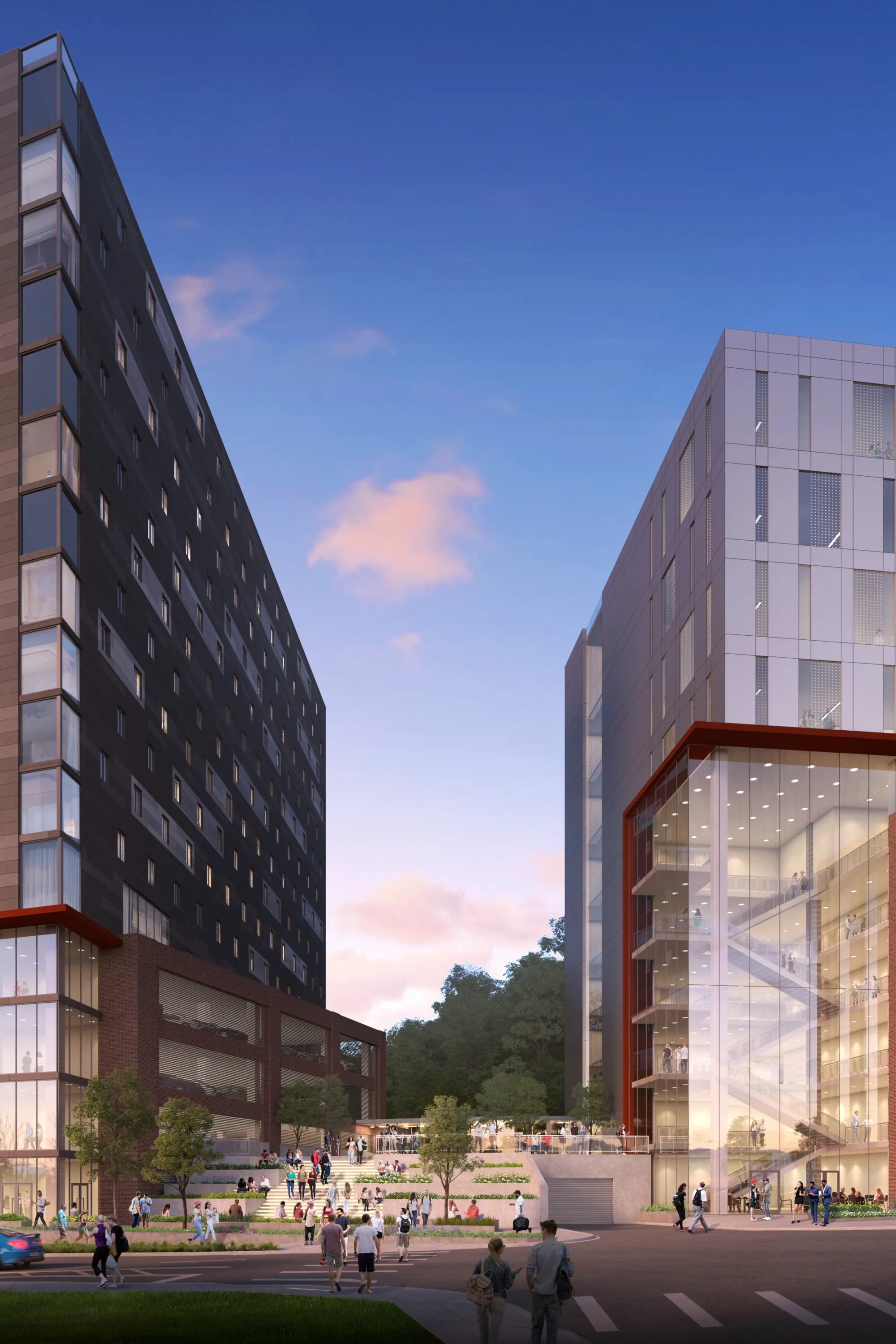 rendering of 2-building development at dusk