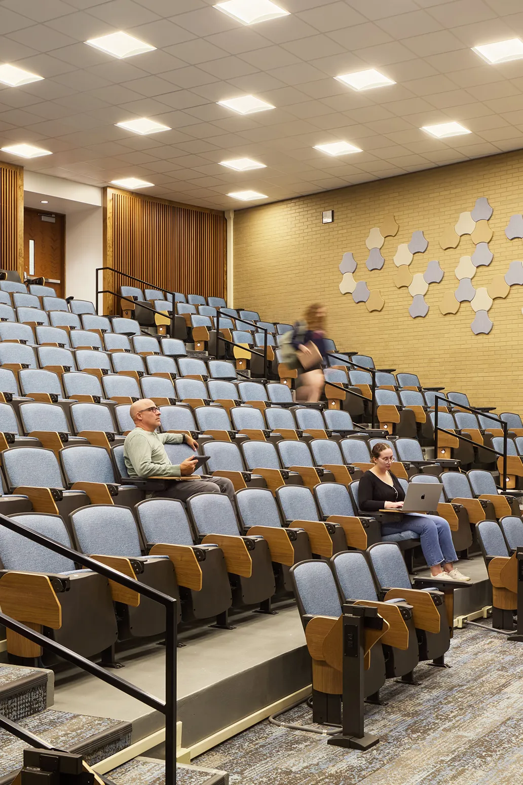 amphitheater-style lecture hall with blue upholstered seats and acoustic paneling