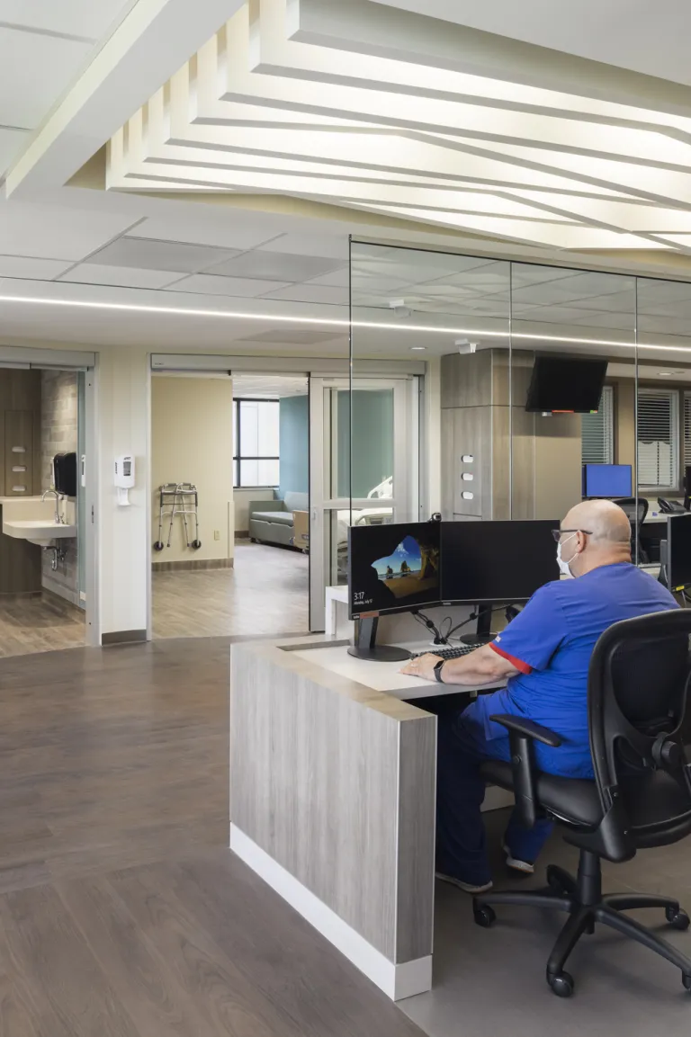 nurse station with sculptural lighting