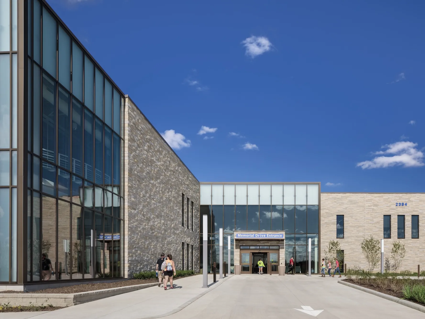 Entrance to the River Valley Campus during day with a bright blue sky