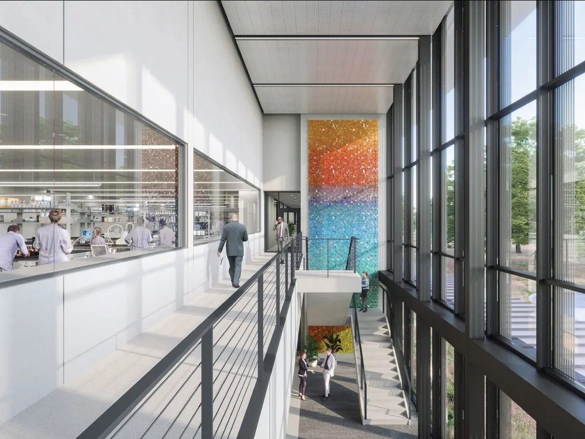 lobby with windows looking into laboratories