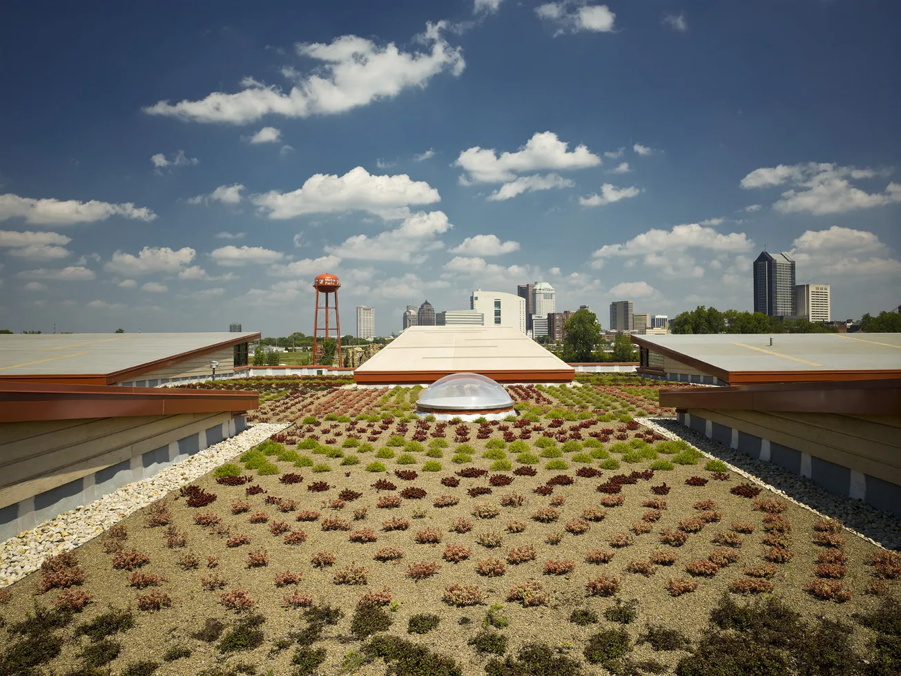 Exterior view of the garden rooftop at the Grange Insurance Audubon Center.