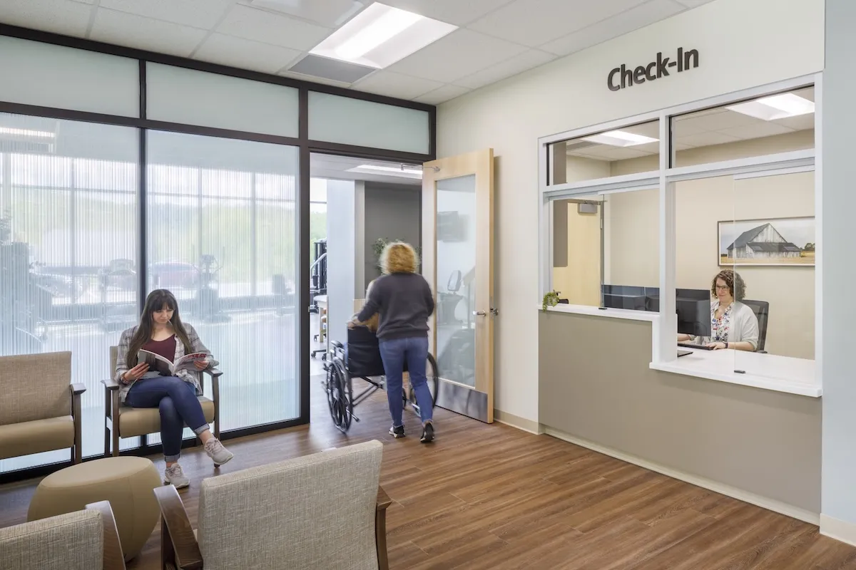 desk with waiting area