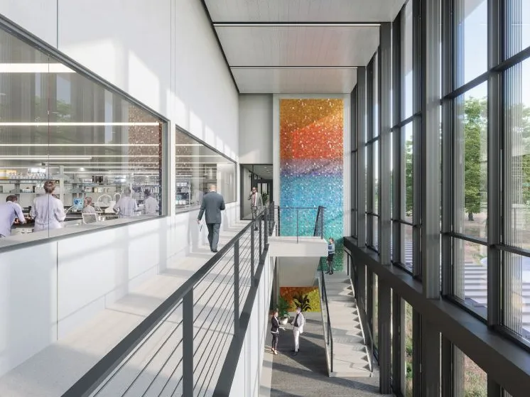 rending of lobby with colorful art installation