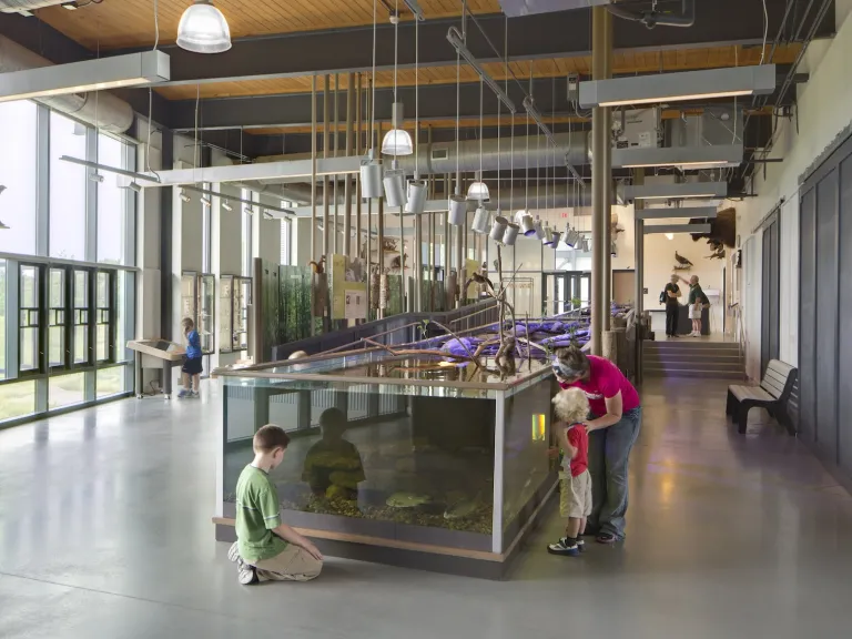 Interior of the Battelle Darby Creek Nature Center featuring children and adults interacting with the living stream