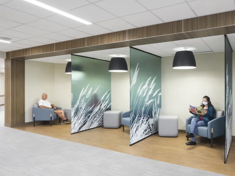 Lobby space within Wyandot Hospital with frosted glass dividers