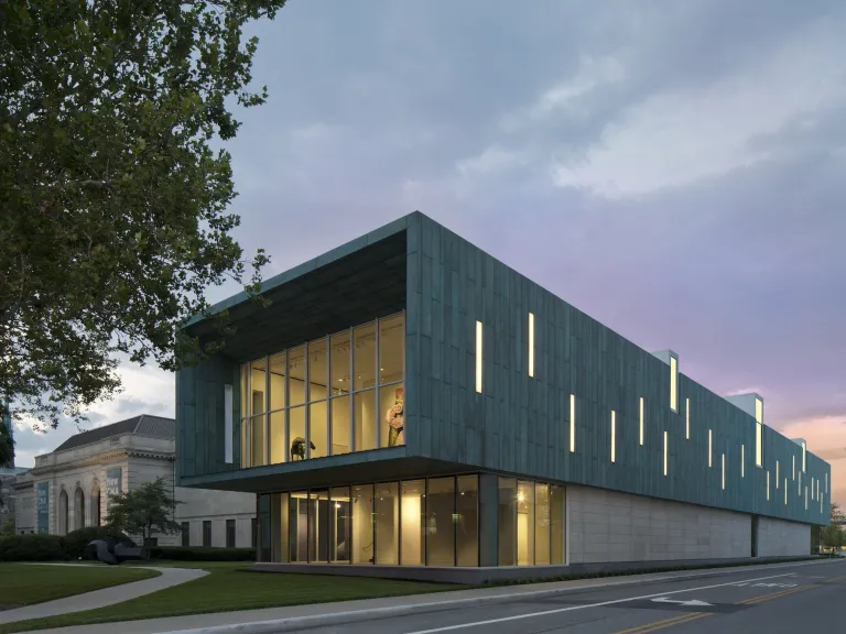 Exterior of Columbus Museum of Art at dusk, featuring the Margaret M. Walter Wing addition, a modern two story building