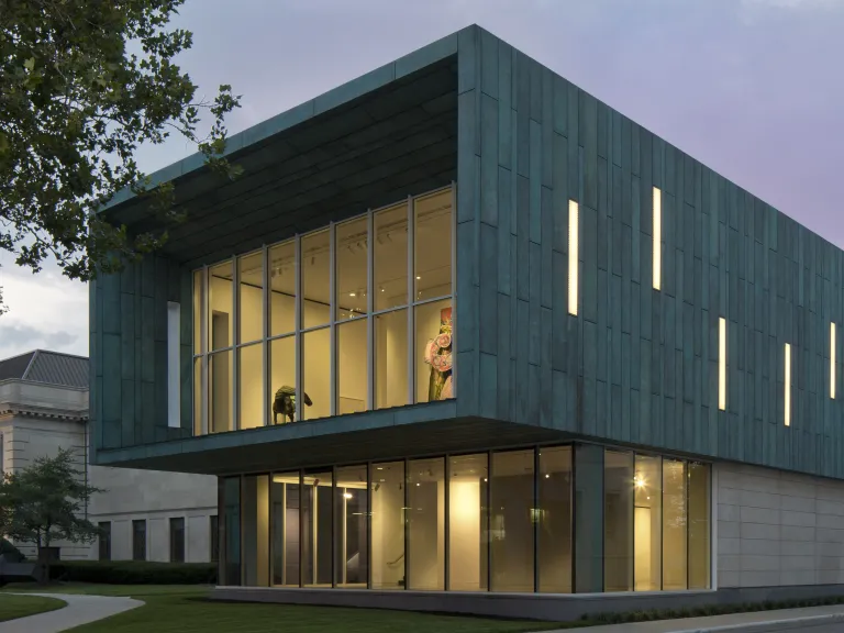 Exterior of Columbus Museum of Art at dusk.