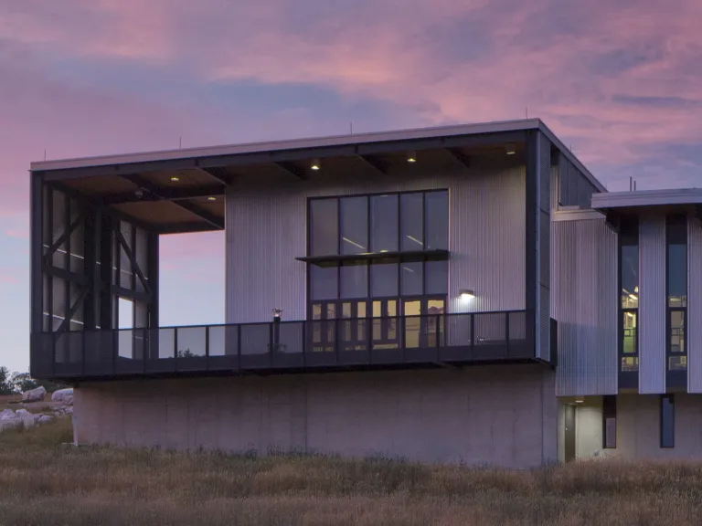 Exterior of Battelle Darby Creek Nature Center at dusk.