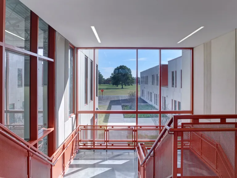 Interior of the Columbus Spanish Immersion Academy from a staircase overlooking the playground