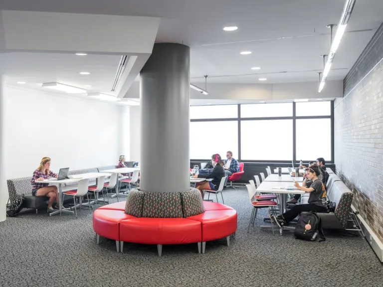 Interior of a study or lounge space within Langsam library, featuring a circular red couch