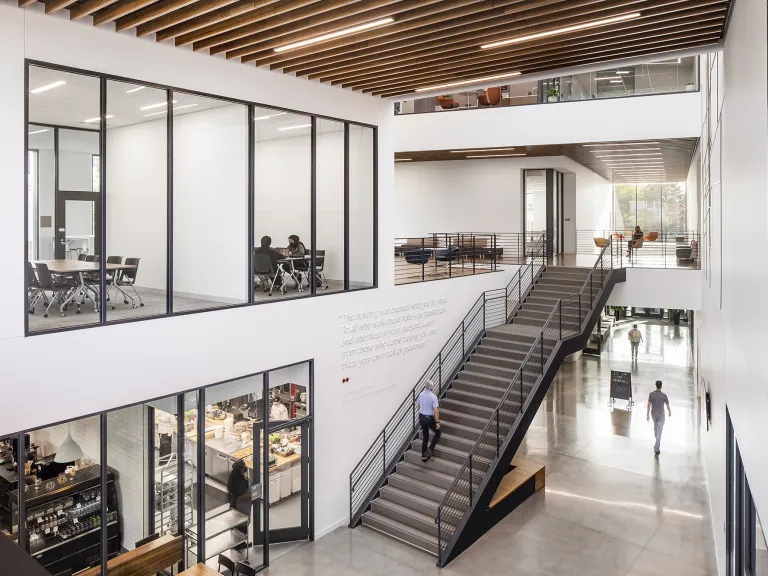 Interior view with natural light and large stairwell in an airy atrium.