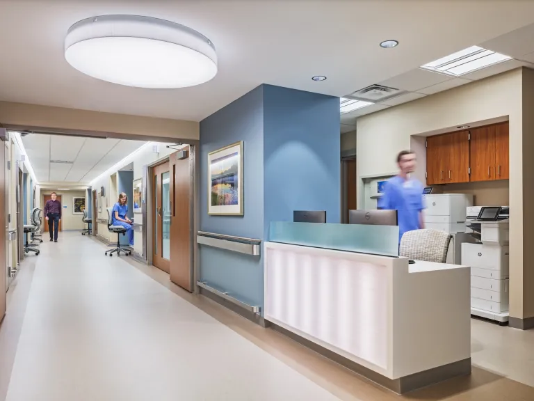 Mercy Hospital nurse's station featuring light blue walls