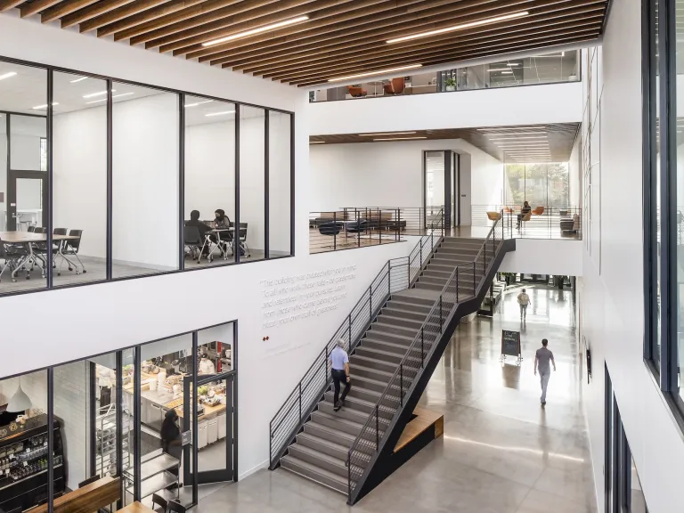 Interior of Mitchell Hall, featuring a large stair case leading to the second floor, showcasing floor to ceiling interior windows to different classrooms