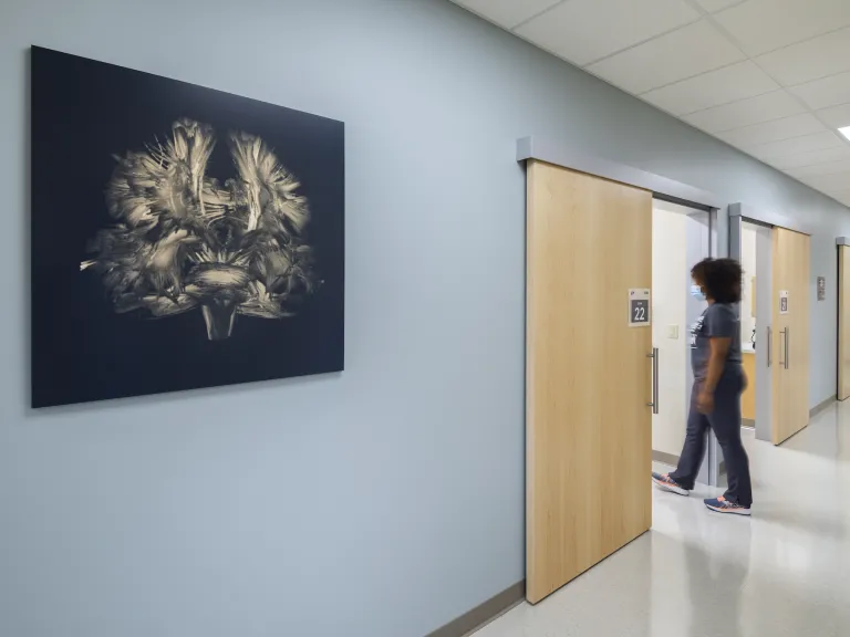 Hospital hallway with abstract art