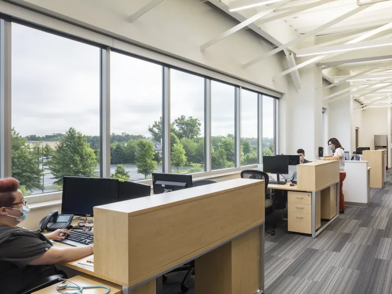 Hospital work space, open concept desks