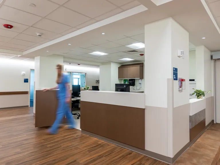 Interior view of a staff station in a medical facility.