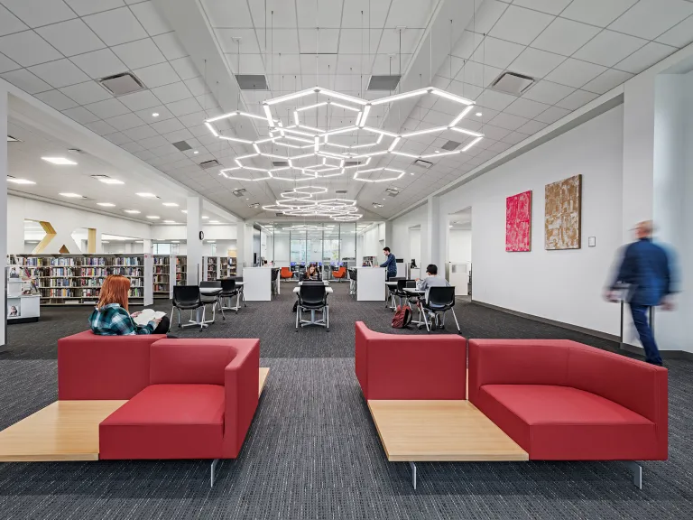 Interior view of a seating area in a library.
