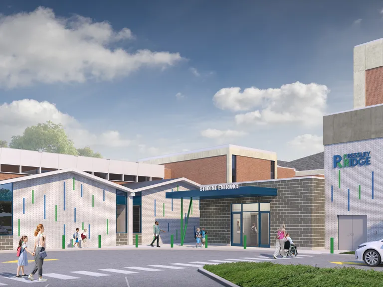 People walking in and out of Pressley Ridge School.