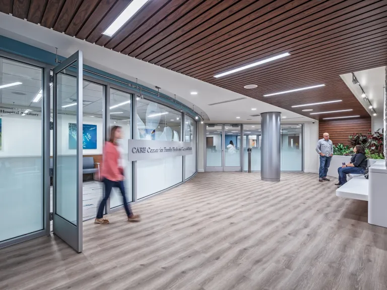 Interior lobby of Care Center for Family Birth and Women's Health, frosted windows with flower designs