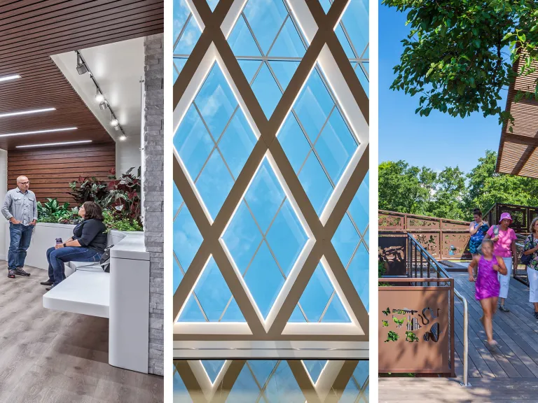 A series of four images: the first showing the interior of a library, the second showing a lobby space, the third showing windows, and the fourth showing an outdoor nature experience.