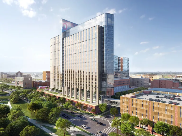 Exterior daytime image of Ohio State University's inpatient tower