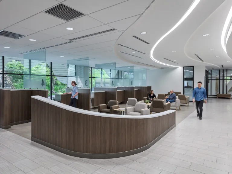 lobby with curved partition and ceiling lights