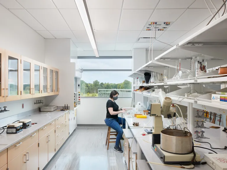 Person in a research lab conducting an experiment.