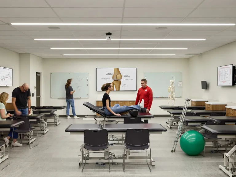 Anatomy Lab Classroom with students, teachers, and display screens